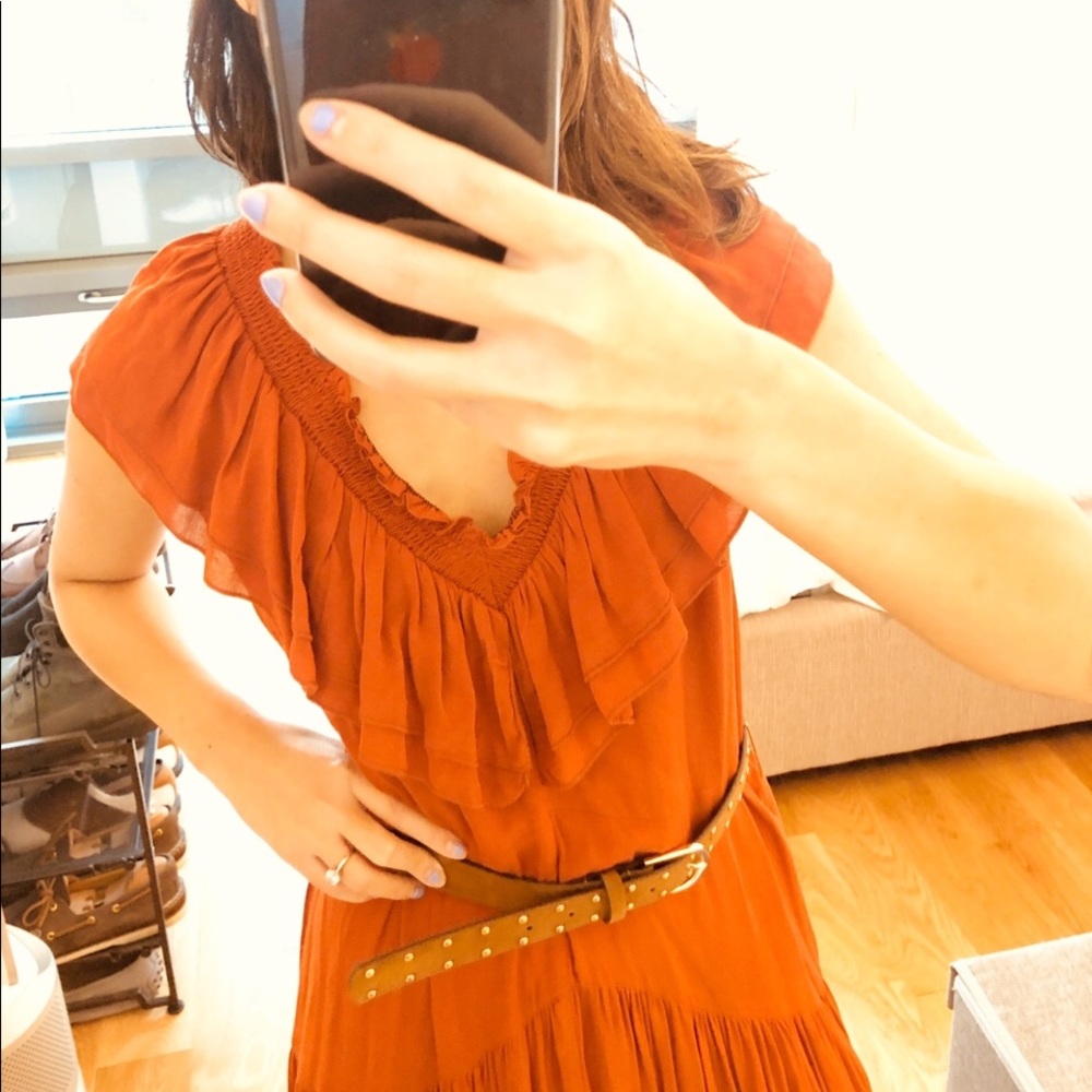 NWT Zara Teracotta Ruffle Maxi V Neck Dress w belt - Picture 2 of 6